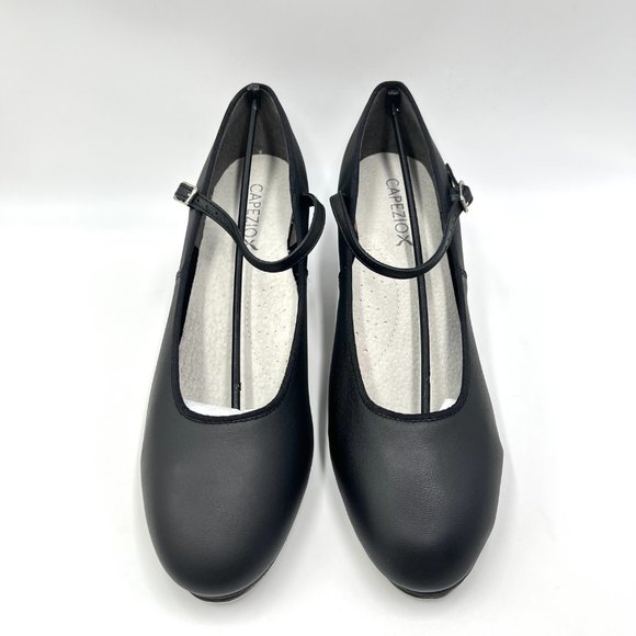 11W 11 WIDE Capezio #561 Jr Footlight‎ 1.5" Black Leather Tap Dance Shoes Heels - Picture 2 of 11